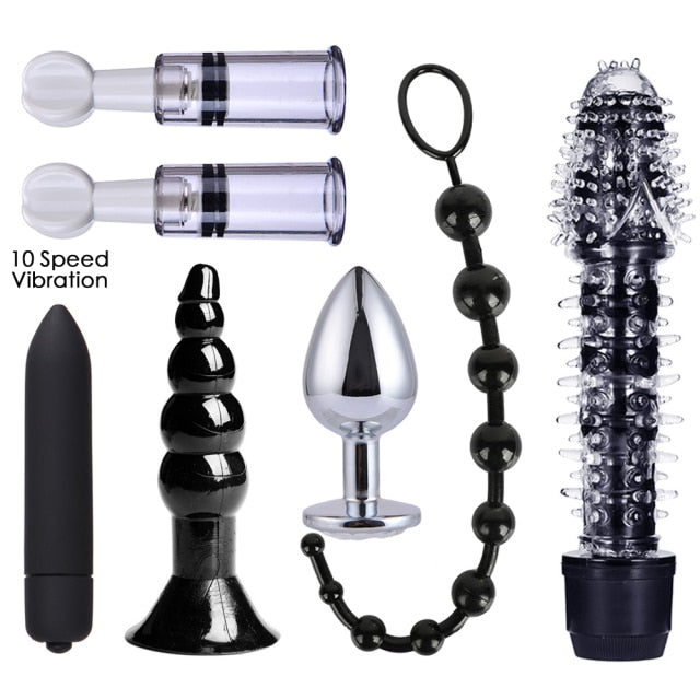 Kits de BDSM, Juguetes sexuales para adultos para mujeres y hombres, esposas, pinzas para pezones, látigo, azotes, sexo, tapón Anal de Metal, vibrador, juego de Bondage para trasero Bdsm