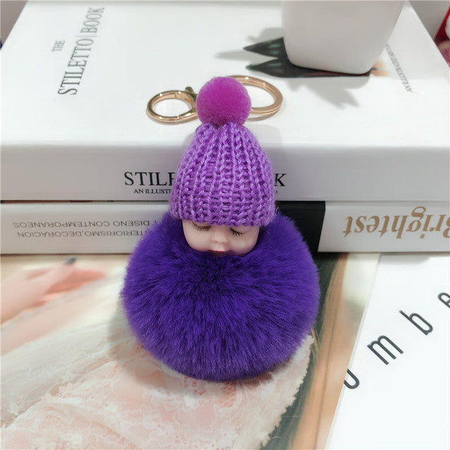 New Pompom sleeping baby keychain cute fluffy Plush doll Keychains Women Girl Bag keyrings Cars Key ring Jewelry Gift porte cl