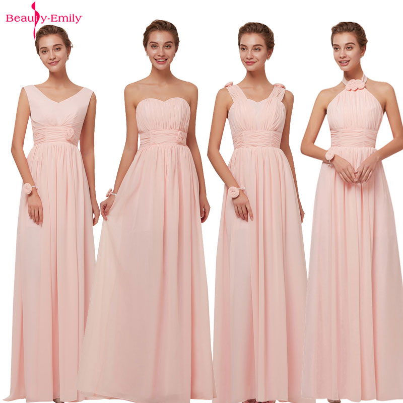 Beauty Emily 2021 Elegant Bridesmaid Dresses Chiffon Long Women Pink A-Line Sleeveless Wedding Party Gowns For Wedding Guests
