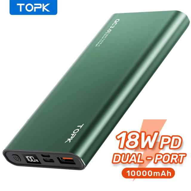 TOPK I1006P Power Bank 10000mAh Portable Charger LED External Battery PowerBank PD Two-way Fast Charging PoverBank for Xiaomi mi