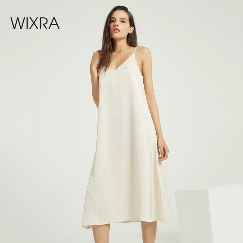 Wixra Sexy Strap Backless Satin Dress Loose Dresses Spring Summer New Sleeveless Basic Solid Womens Clothing