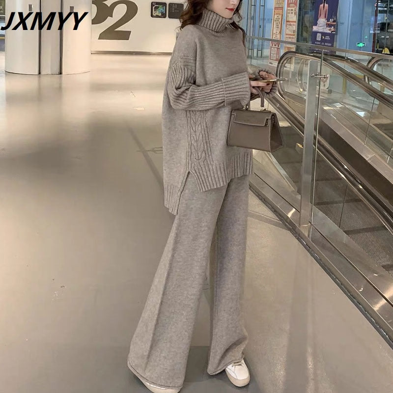 JXMYY sweater set women tracksuit spring autumn knitted suits 2 piece set warm turtleneck sweater pullovers wide legs pants