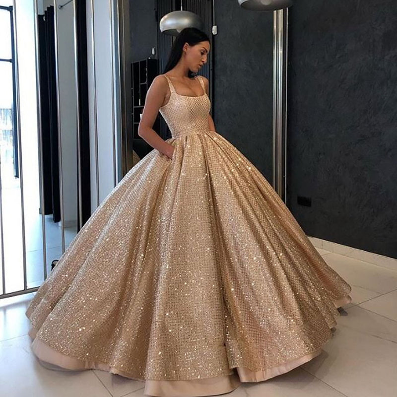 Spark Bling Gold Sequin Quinceanera Dresses Ball Gown Princess Prom Dresses With Pocket Puffy Sweet 16 Dress vestidos de 15 Anos