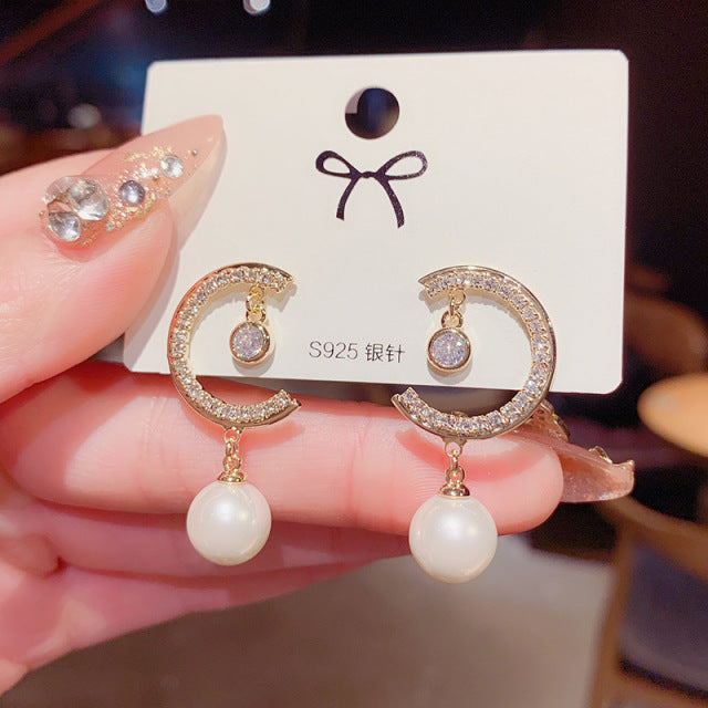 2021 nuevos pendientes de gota de perla blanca de gran tamaño coreanos de moda para mujer, pendientes de boda de circón redondo dorado bohemio, regalo de joyería
