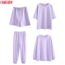 Tangada 2020 Autumn Women Terry 95% cotton suit oversized sets o neck hoodies sweatshirt shorts pants suits 6L30