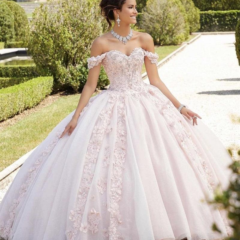 Hellrosa Quinceanera-Kleid 2021 Schulterfrei Applikationen Pailletten Rückenfrei Prinzessin Sweet 16 Ballkleid Vestidos De 15 Años
