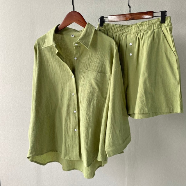 Msfancy, conjunto de dos piezas de verano para Mujer, conjuntos de pantalones cortos de algodón 2021, camisa Vintage bohemia de gran tamaño, pantalones cortos sueltos de cintura alta, conjuntos de Mujer