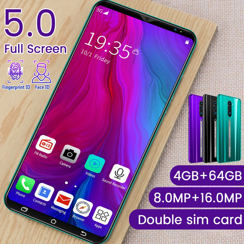 Teléfono inteligente 3G de 5,0 pulgadas, pantalla completa Android, pantalla Hd, teléfono inteligente, máquina de desbloqueo de huellas dactilares, memoria Flash 4 + 64G