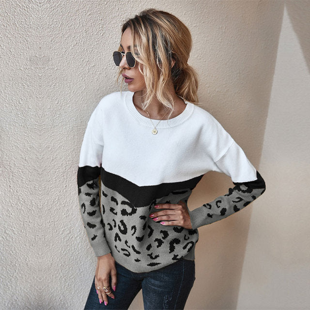 Fashion Leopard Patchwork Autumn Winter 2021 Ladies Knitted Sweater Women O-neck Full Sleeve Jumper Pullovers Top Khaki Brown
