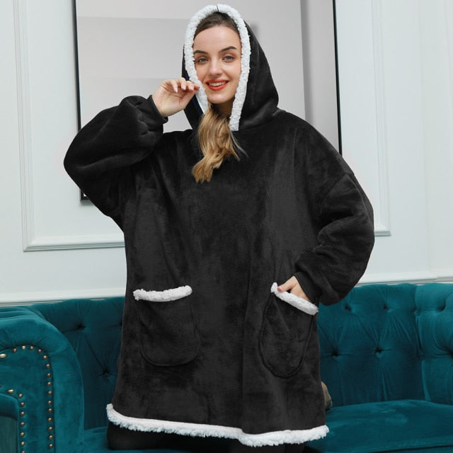 Übergroße Hoodie-Decke mit Ärmeln, Sweatshirt, kariert, Winter-Fleece-Kapuzenpulli, Frauen, Tasche, weiblich, mit Kapuze, Schweiß, Übergröße, Femme