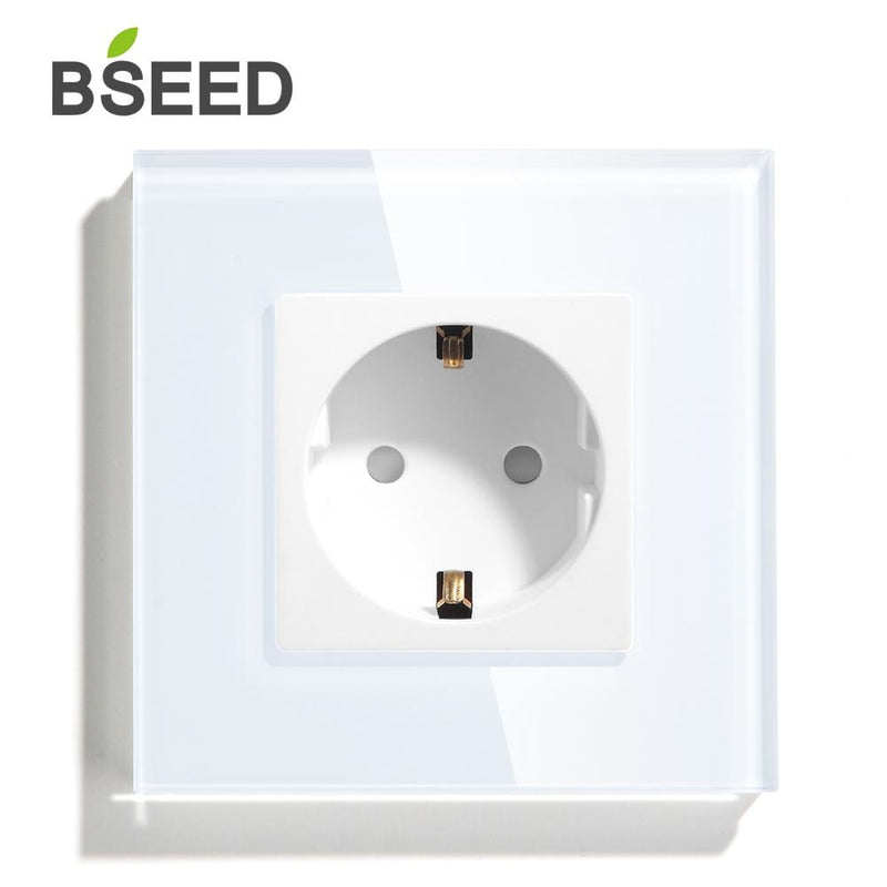 BSEED Mvava EU Standard 16A Wall Socket White Black Single Mirror Crystal Glass Panel Plug Electrical Outlet For Home Improvemet
