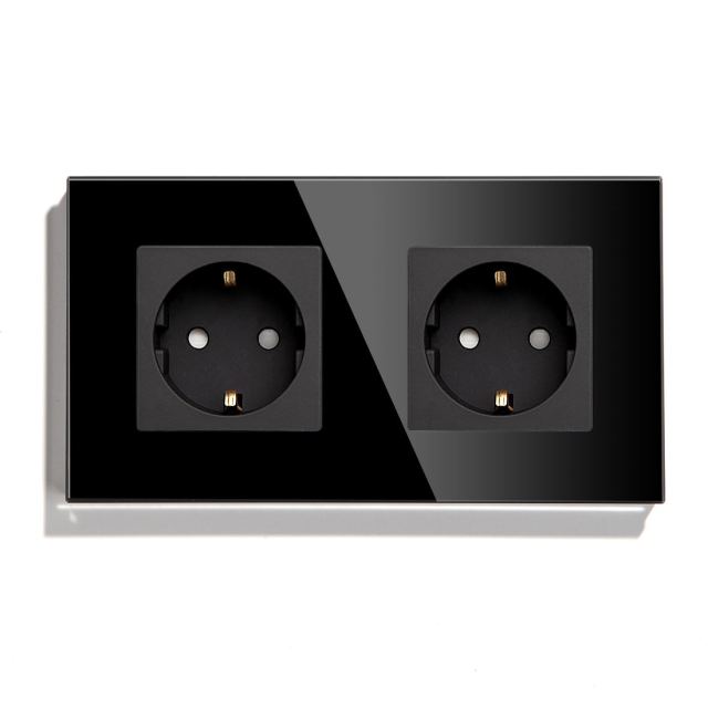 BSEED Mvava Double Socket European Standard 16A Wall Plugs White Black Crystal Glass Panel Electrical Home Improvement 157mm