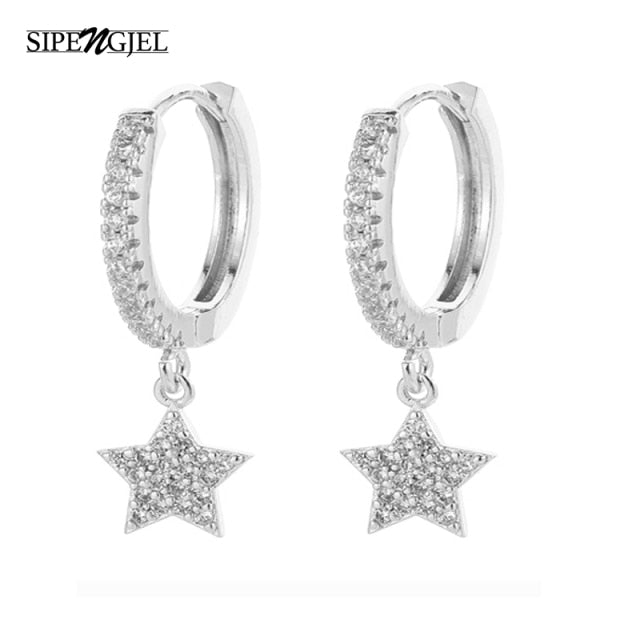 SIPENGJEL Mode Intarsien Zirkon Zierliche Stern Und Mond Creolen Einfache Elegante Metall Stil Ohrringe Für Frauen Mädchen Schmuck
