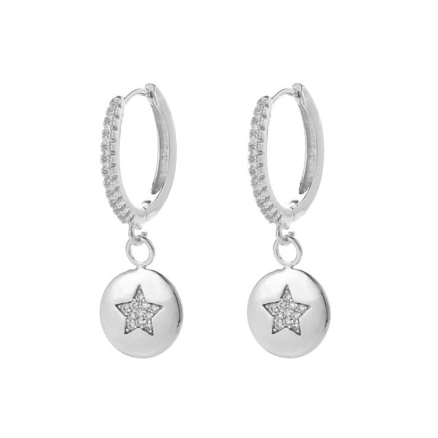 SIPENGJEL Fashion Inlaid Zircon Dainty Star And Moon Hoop Earrings Simple Elegant Metal Style Earrings For Women Girls Jewelry