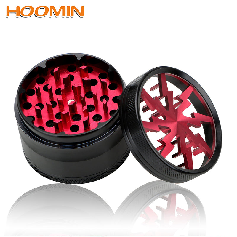 HOOMIN Aluminum Alloy 63MM 4-layer Tobacco Grinder Smoking Herb Cutter Transparent Lightning-Shaped Spice Weed Cutter Latest