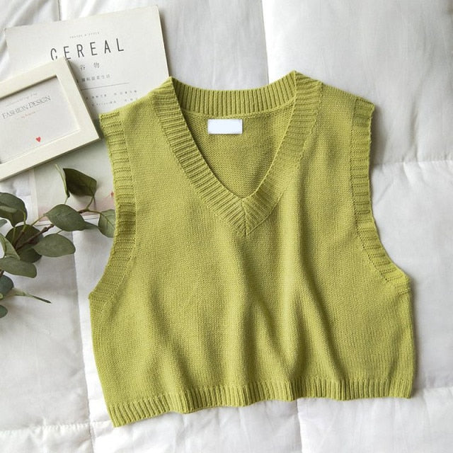 GOPLUS Women V-Neck Knitted Vest 2021 New Spring Autumn Sweater Vests Short Female Casual Sleeveless Twist Knit Pullovers C9510