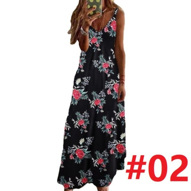 Women Dress Summer 2021 Casual Sleeveless Halter Solid Beach Long Dress Round Neck Sling Fashion Beach Clothes Plus Size 5XL