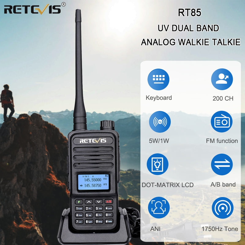 Retevis RT85 Walkie Talkie 5W VHF UHF de doble banda VFO amateur bidireccional Ham Radio Station Radio portátil para caza soporte CHIRP