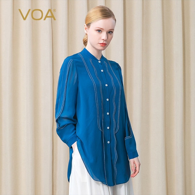 VOA Silk Dark Blue Georgette Semi-high Collar Single-breasted Silk Stitching Open Edge Straight Long Sleeve Shirt Woman BE525