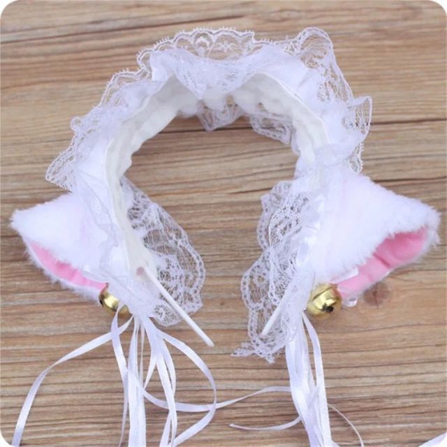 Women Ruffles Lace Headband Plush Cat Ears Ribbon Bell Lolita Cosplay Hair Hoop