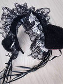 Women Ruffles Lace Headband Plush Cat Ears Ribbon Bell Lolita Cosplay Hair Hoop