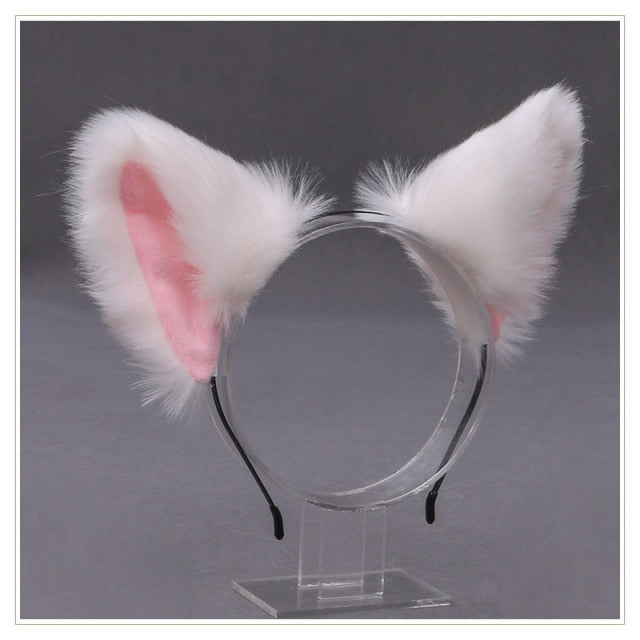 Gothic Lolita Maid Women Girl's Ruffles Lace Headband Plush Cat Ears Ribbon Bell Lolita Cosplay Hair Hoop