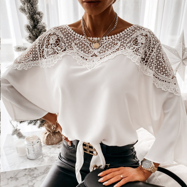 New Crochet Embroidery Lace Blouses Women Autumn Sexy Lace Stitching White Shirts Vintage Plus Size Ladies Tops Blusas 12459