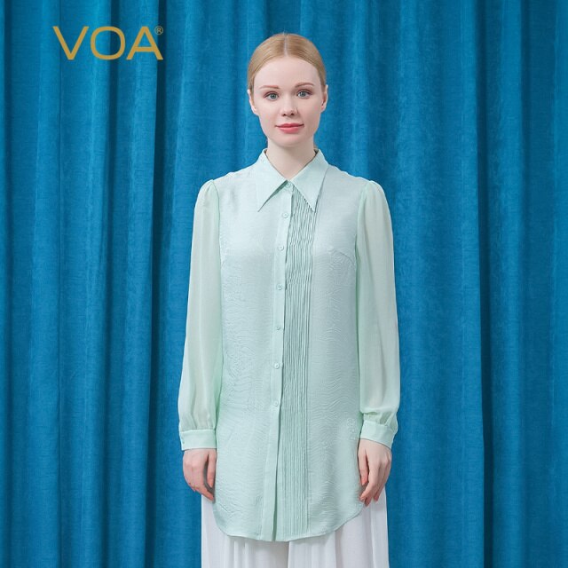 VOA Silk Green Women Blouses Polo-Neck Micro-transparent Long Sleeve Asymmetric Single-breasted Office Lady Shirt Summer BE631