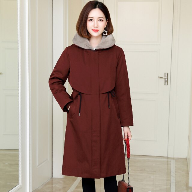 2021 autumn and winter new style overcoming coat women's mid-length mink fur collar detachable rex rabbit fur liner jacket
