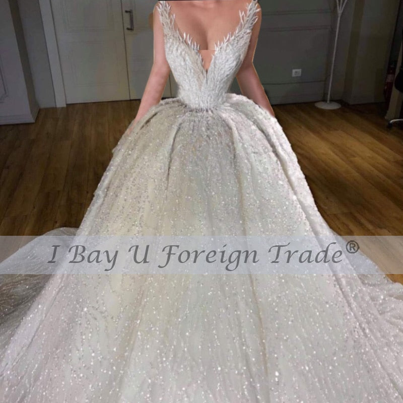 350cm Long Train 6m Veil Princess De Luxe 2021 Beading Full Luxury Lace Ball Gown Wedding Dress Off the Shoulder