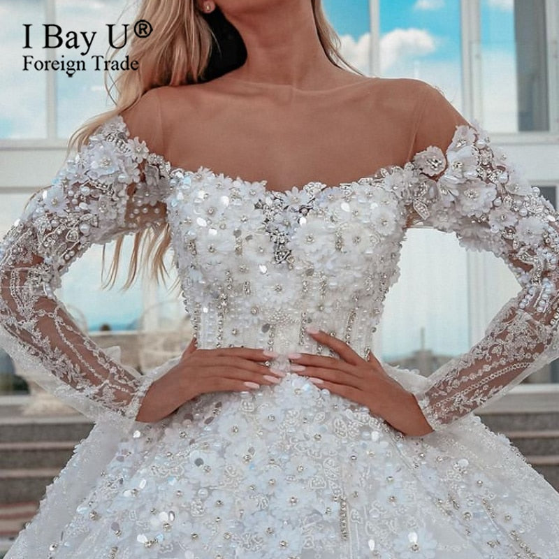 Luxury 3D Flower Dubai Heavy Pearl Beading Wedding Dress 2021 Sparkly Bridal Ball Gown Free Veil Robe De Mariee Vestido De Noiva