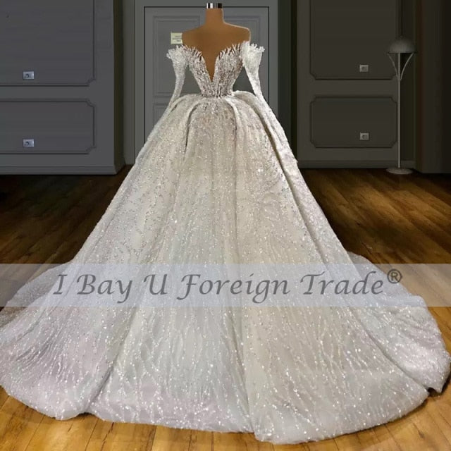 350cm Long Train 6m Veil Princess De Luxe 2021 Beading Full Luxury Lace Ball Gown Wedding Dress Off the Shoulder