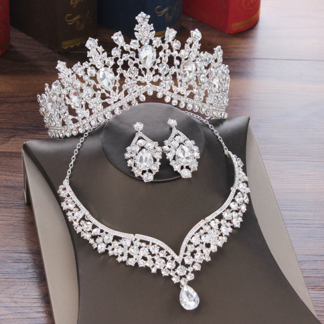 Barock Kristall Wassertropfen Brautschmuck Sets Strass Diademe Krone Halskette Ohrringe für Braut Hochzeit Dubai Schmuck Set