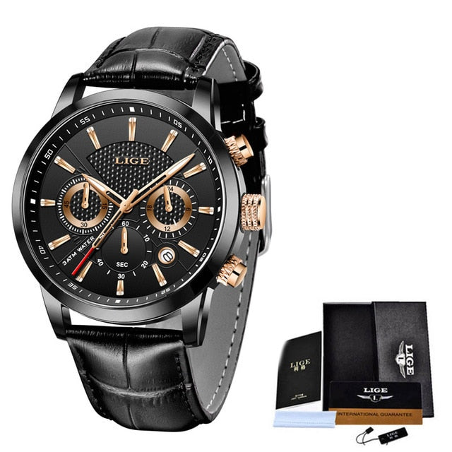 2021 New Mens Watches LIGE Top Brand Leather Chronograph Waterproof Sport Automatic Date Quartz Watch For Men Relogio Masculino