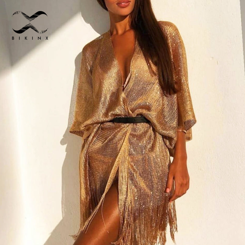 Bikini dorado con borlas para cubrirse, vestido de playa Sexy, túnicas para mujer, ropa de playa, verano 2021, bañador transparente, caftán nuevo