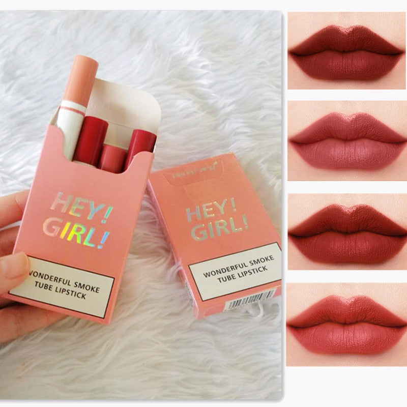 4 colores/juego de lápiz labial coreano mate de larga duración humedad cosmética labios maquillaje impermeable tubo de humo lápiz labial terciopelo rojo labio