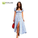Short Puff Sleeve Flroal Printed Ruched Party High Split  Women Summer Dress Long Maxi Dresses Drawstring Sexy Vestidos Sundress
