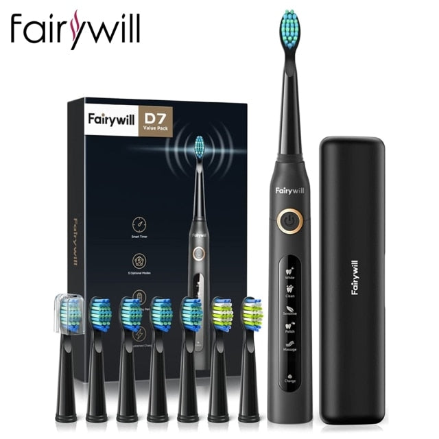 Cepillo de dientes eléctrico sónico Fairywill FW-507 carga USB recargable adulto impermeable electrónico 8 cepillos de dientes cabezales de repuesto