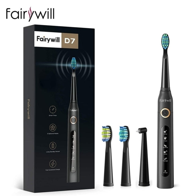 Fairywill Elektrische Schallzahnbürste FW-507 USB-Aufladung, wiederaufladbar, Erwachsene, wasserdicht, elektronischer Zahn, 8 Bürsten, Ersatzköpfe