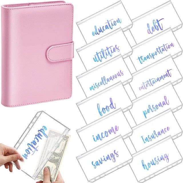 A6 Binder Planner Pink Notebook Binder and 12 Pieces 6 Hole Binder Zipper Folder,Binder Pockets Cash Envelope Wallet