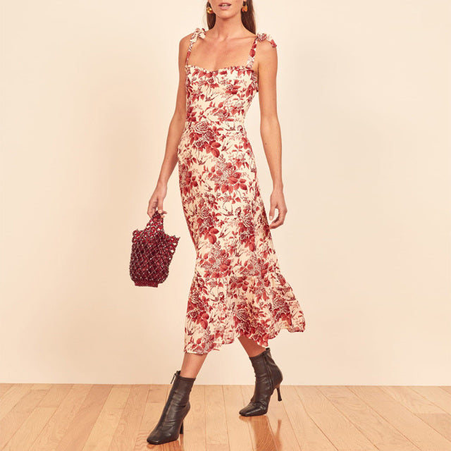 Kleider für Frauen 2021 Elegantes Vintage-Blumenkleid mit Rüschen, herzförmigem Ausschnitt, ärmellosem Träger, Krawatte, Rüschensaum, Sommer-Strandkleid