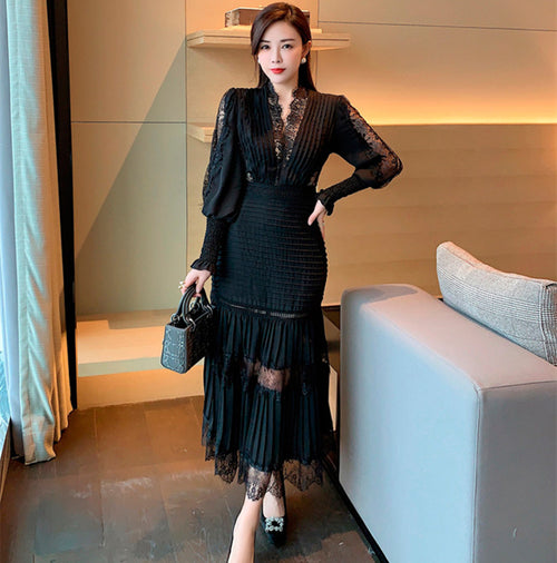 JSXDHK Mode Runway Frauen Plissee Partykleid Frühling Sexy V-Ausschnitt Laterne Ärmel Chiffon Patchwork Spitze Bodycon Dünnes Langes Kleid