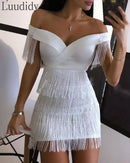 White Fringe Celebrity Evening Runway Party Dress Women Sexy Tassels Short Sleeve Club Dress Vestidos