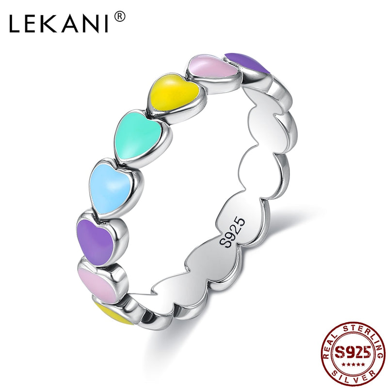 LEKANI Authentic 925 Sterling Silver Stackable Rainbow Heart Finger Rings For Women Romantic Engagement Ring Fine Jewelry Best