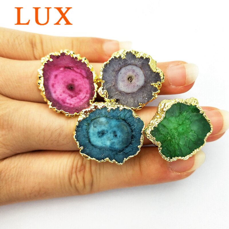 Natural Rainbow Solar Quartz ring 24K gold color Plated Jewelry druzy Women Ring sun flower crystal drusy charms jewelry