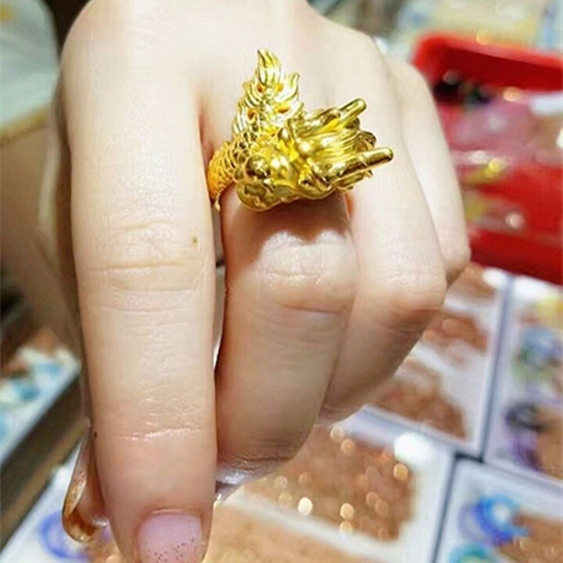 HOT SALE  REAL 24K YELLOW GOLD  RING GENTS LUCKY NOBLE DRAGON HEAD RING