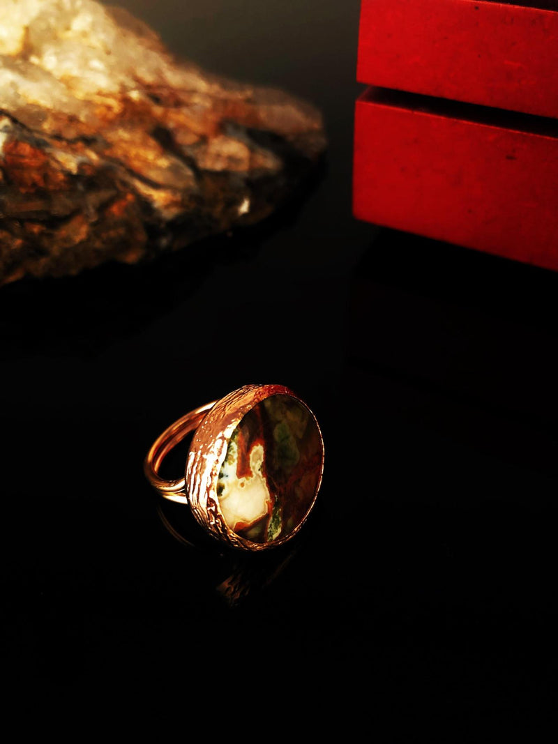 Dr Stone Naturstein-Damen-Achat-Stein-Rose vergoldeter Ring KRB328