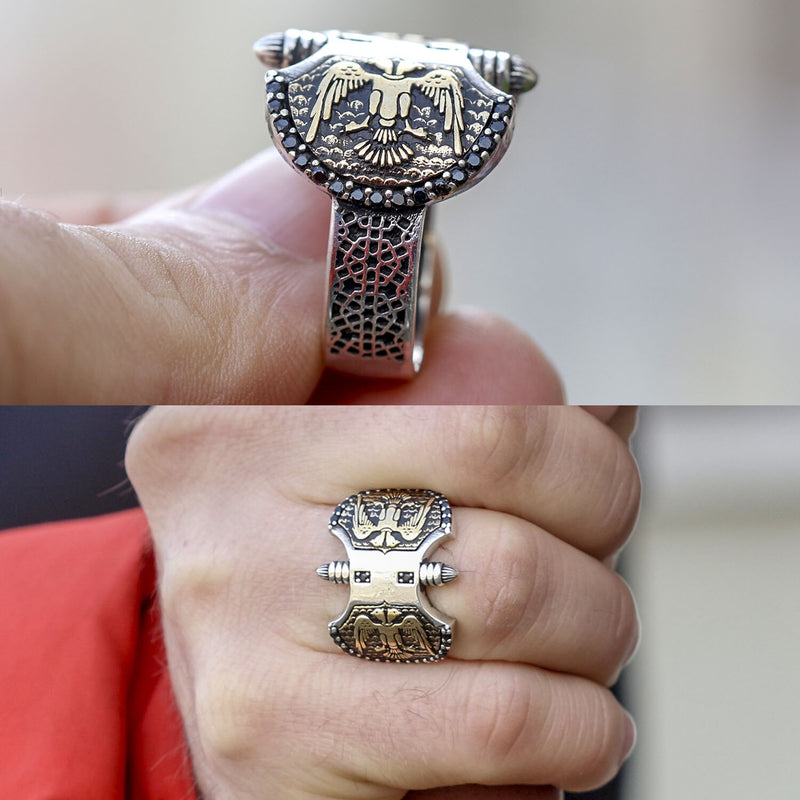 Serie ALA | Anillo de plata con hacha de guerra Seljuk, joyería hecha a mano de alta calidad turca a la moda