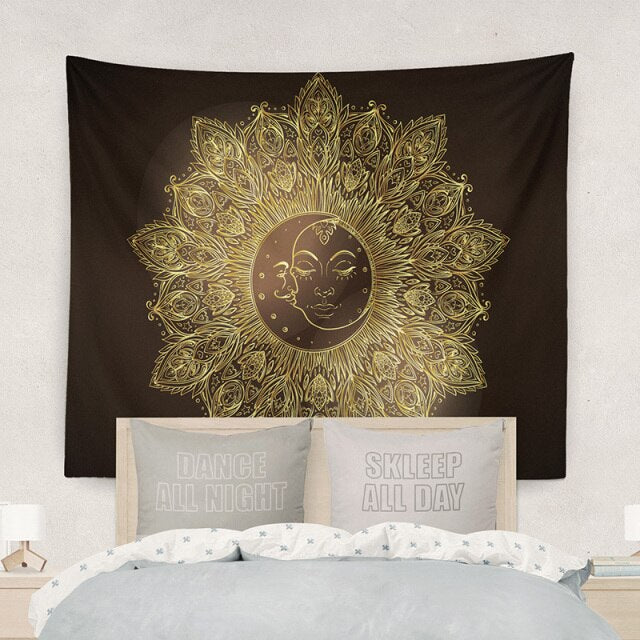 Sun Moon Mandala Tapestry Mysterious Celestial Meditation Psychedelic Runes Art Wall Hanging Tapestries for Living Room Decor