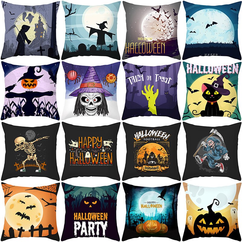 Pumpkin Pillow Case Bat Ghost Horror Halloween Party Pillow Cover 45*45 Home Decor Square Dark Cushion Cover Home Throw Pillows